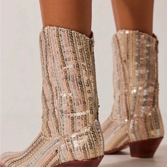 Free People Shoes - Free People MOMO Luna Sequin Boots Ivory Gold Silver Cowboy Back Zipper